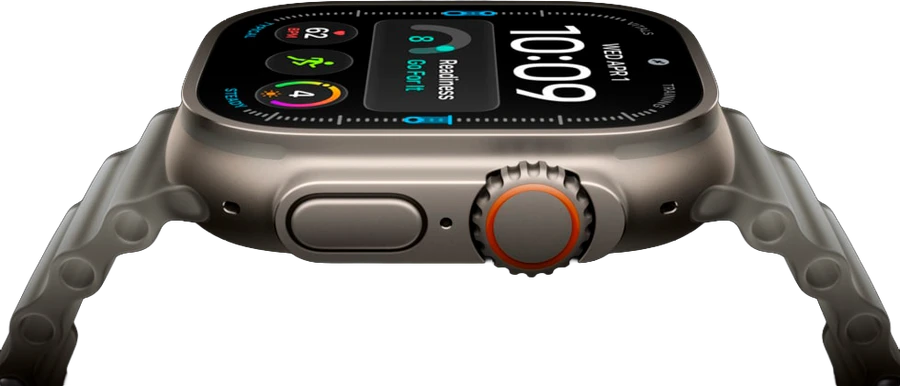 Apple Watch com caixa de titânio e pulseira clara, mostrando as horas