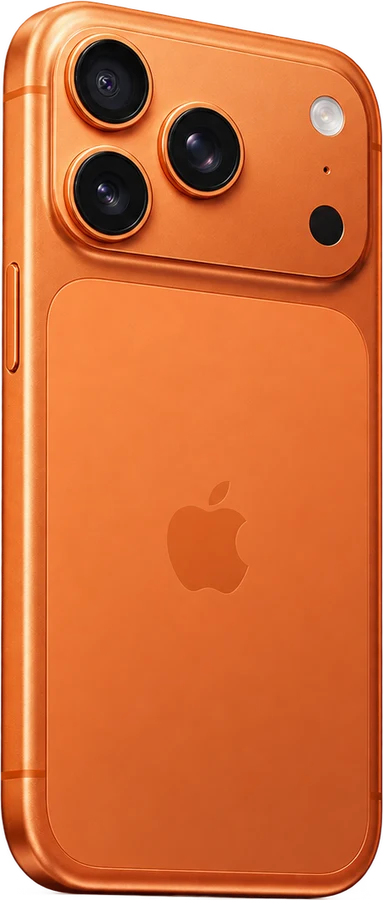 iPhone na cor laranja visto por trás, com o sistema de três câmeras
